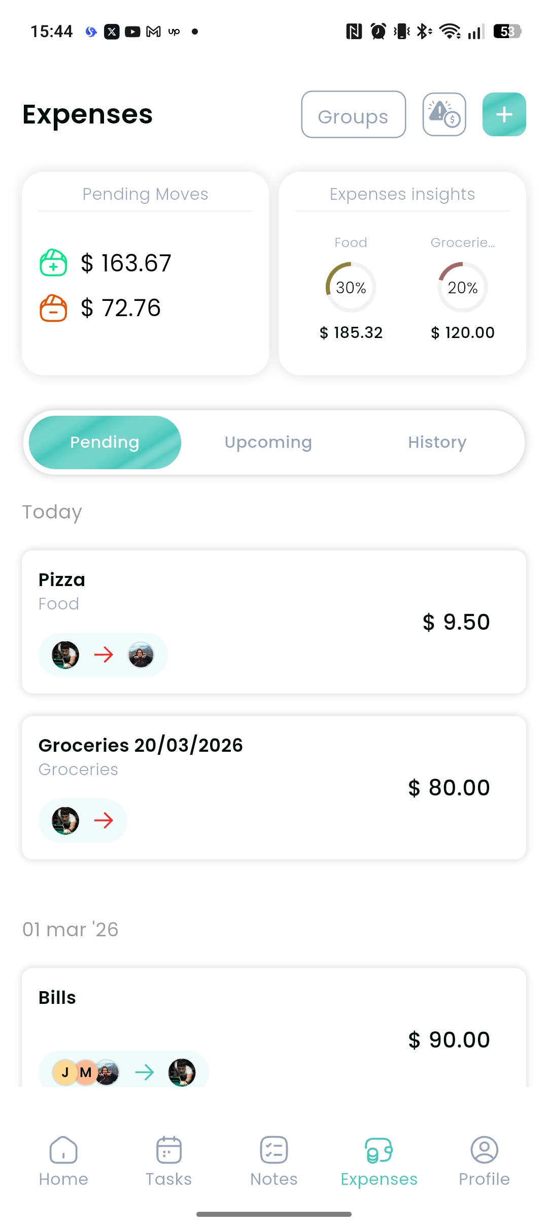 Crew expenses screen showing shared spending